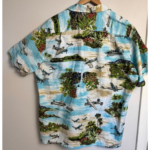 Vintage RJC War Planes Water Button Front Hawaiian Shirt Adult XL Hawaii Made - Picture 2 of 9